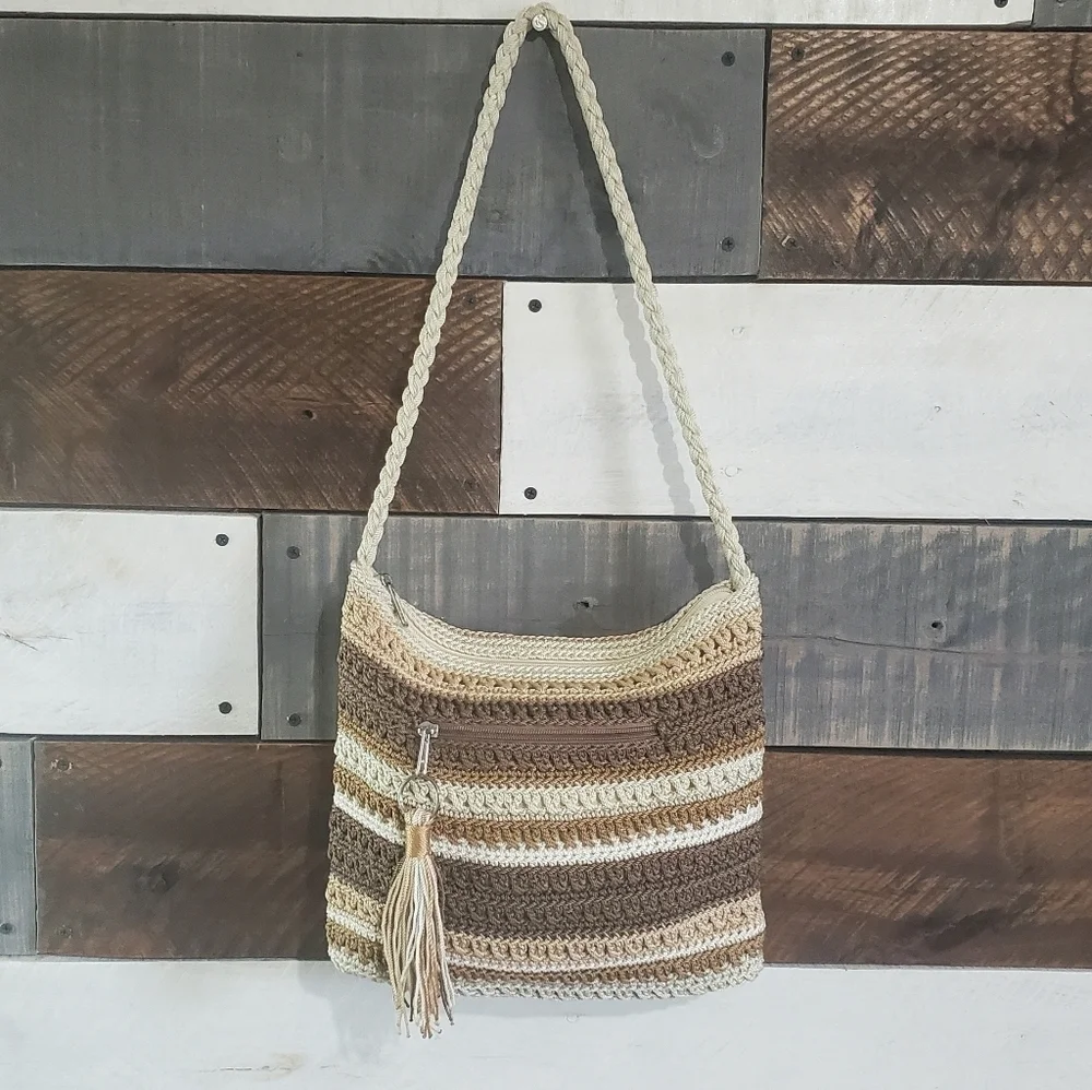 THE Sak Striped Brown Tan Cream Hobo Shoulder Bag Purse - Picture 1 of 14